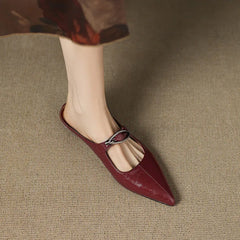 Alour genuine leather maroon mules, pointed toe and silver buckle across instep