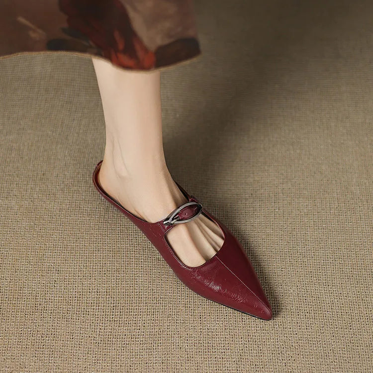 Alour genuine leather maroon mules, pointed toe and silver buckle across instep