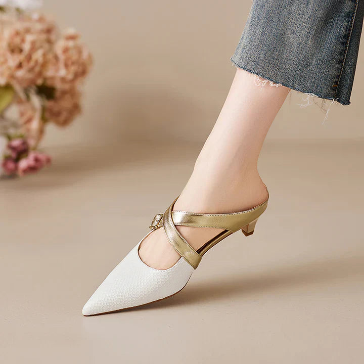 White genuine leather mule with gold buckle strap and low heel, pointed toe