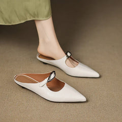 Alour genuine leather white mules with pointed toe and silver buckle strap