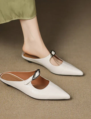 Alour genuine leather white mules with pointed toe and silver buckle strap