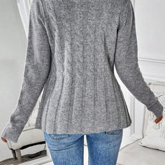 Back view of gray ribbed cardigan with button placket and peplum hem