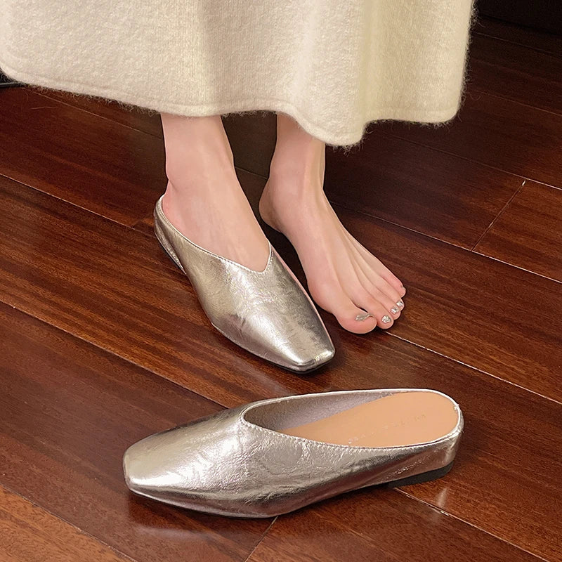 Lyra mules silver metallic slip-on flats with open-toe and low block heel