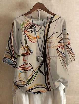 Women’s blouse with short sleeves, button front, and vintage floral line-art print
