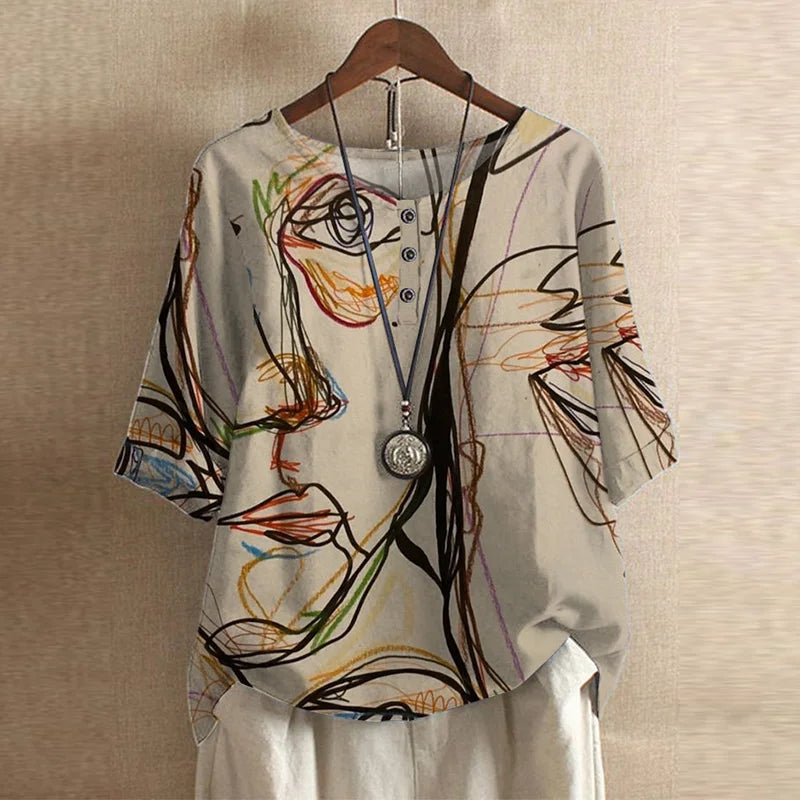 Women’s blouse with short sleeves, button front, and vintage floral line-art print