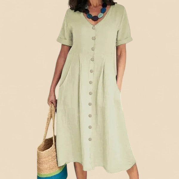 Sage green short-sleeve button-front V-neck midi dress with gathered waist