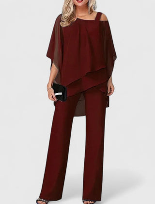 Wine red draped off-shoulder top and wide-leg pants two-piece set