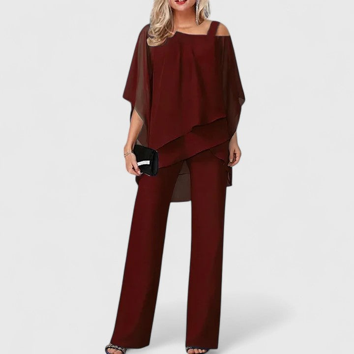 Wine red draped off-shoulder top and wide-leg pants two-piece set