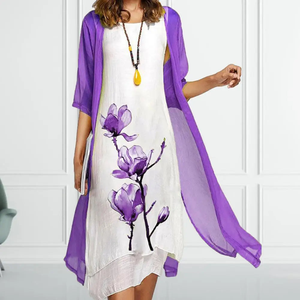 Floral shift dress with open-front purple kimono overlay, white base, purple flower print