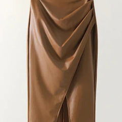 Brown leather midi skirt with draped wrap-style front and front slit