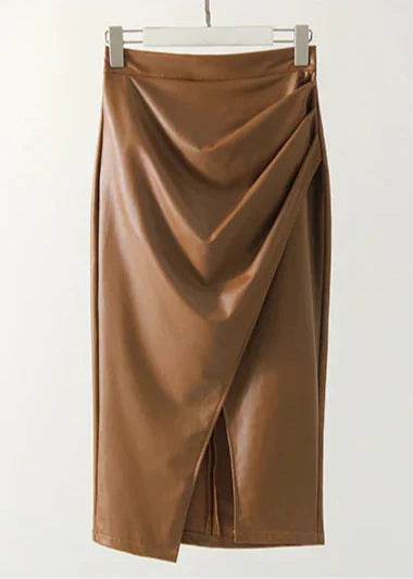Brown leather midi skirt with draped wrap-style front and front slit