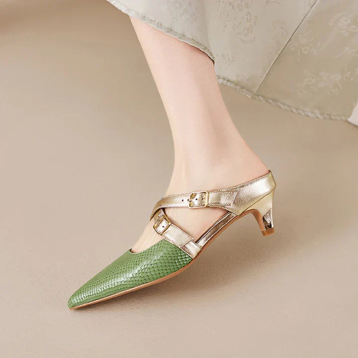 Green genuine leather mules with gold ankle strap, pointed toe, and low heel