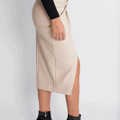 Beige leather midi skirt with wrap drape and front slit