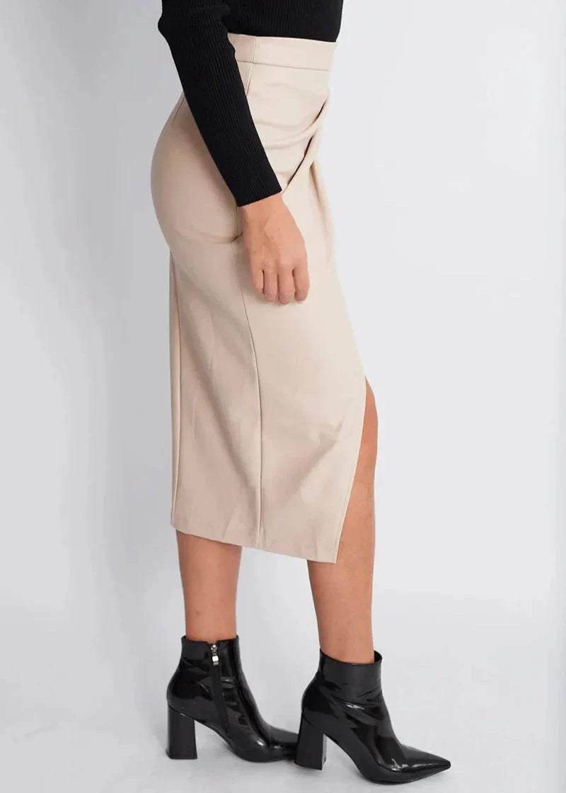Beige leather midi skirt with wrap drape and front slit