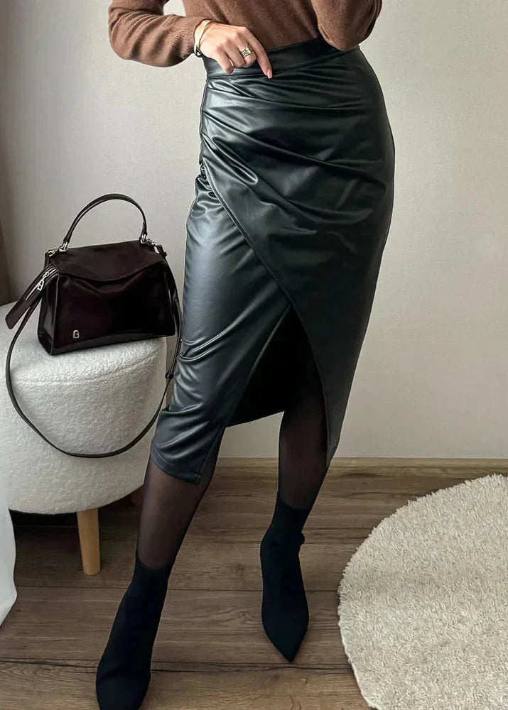 Dark teal leather midi skirt with wrap drape and front slit