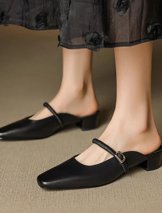 Black genuine leather Mary Jane mules with pointed toe, buckled ankle strap, block heel
