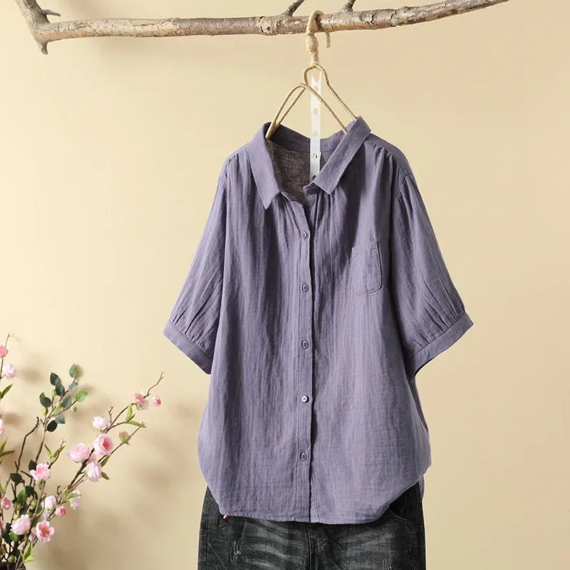 Loose casual button-up blouse, short sleeves, point collar, purple