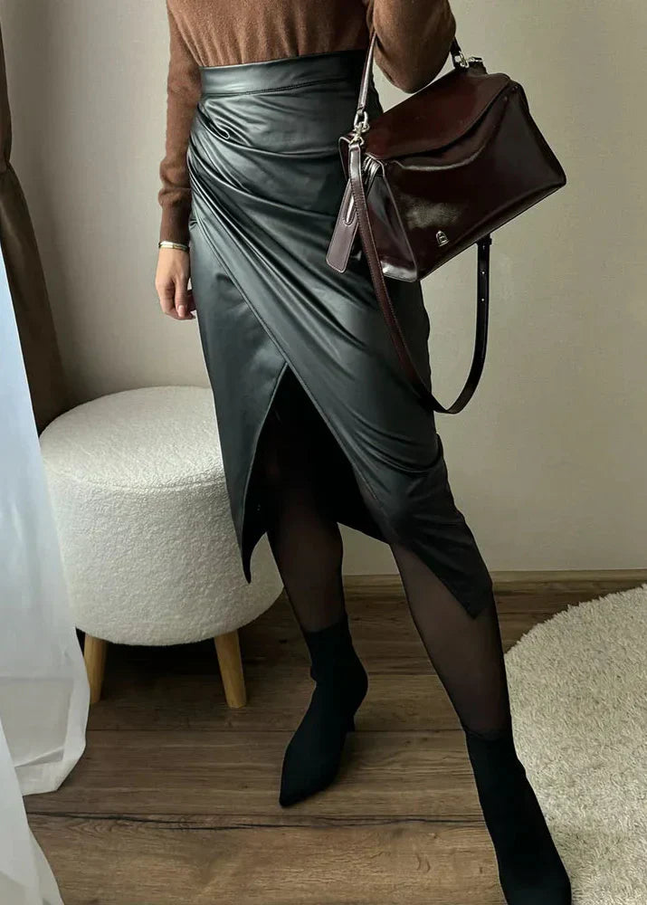 Dark teal leather midi skirt with wrap drape and long front slit
