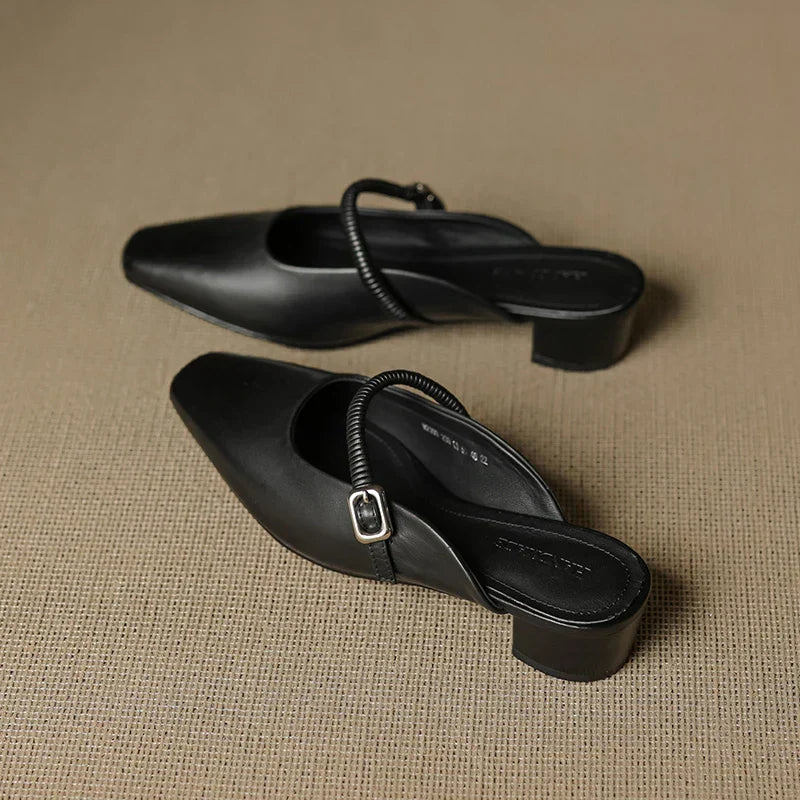 Black genuine leather Mary Jane mules with sling strap and block heel