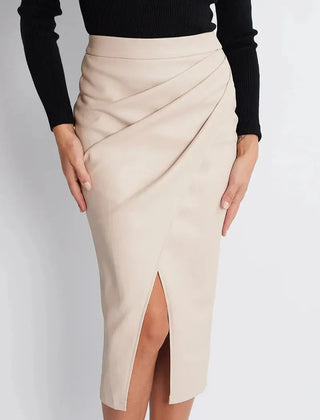 Beige leather pencil skirt with front slit and draped diagonal seam at waist