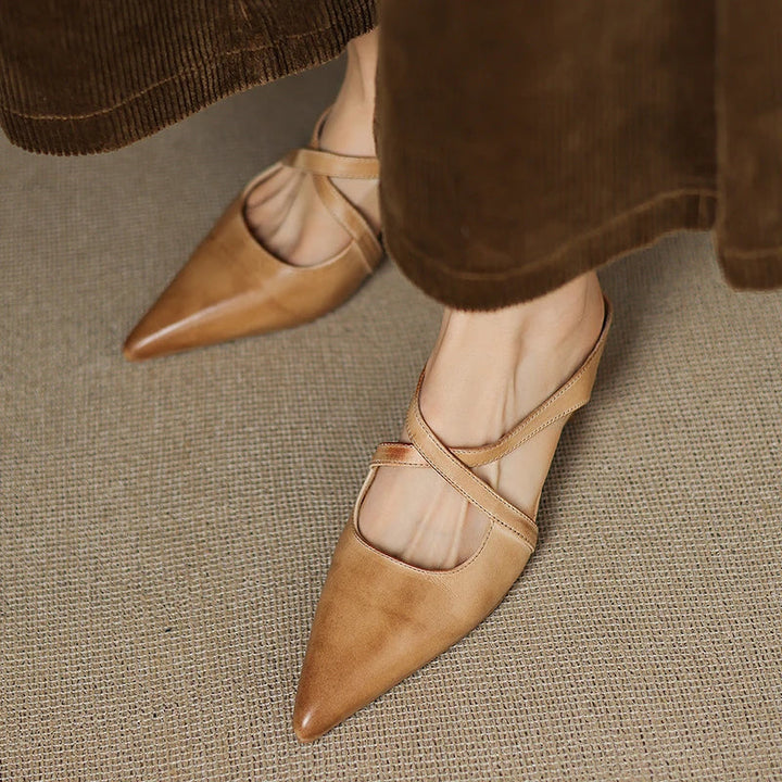 Apricot genuine leather mule with pointed toe, T-strap slingback, low block heel on feet