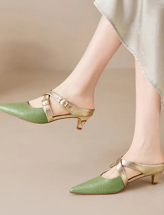 Green and gold genuine leather mule with buckled strap and pointed toe low heel