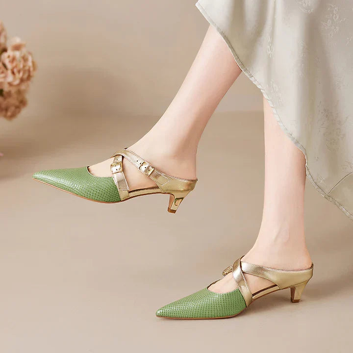 Green and gold genuine leather mule with buckled strap and pointed toe low heel