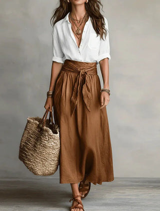 Two-tone maxi dress with white wrap-style bodice and brown gathered waist skirt