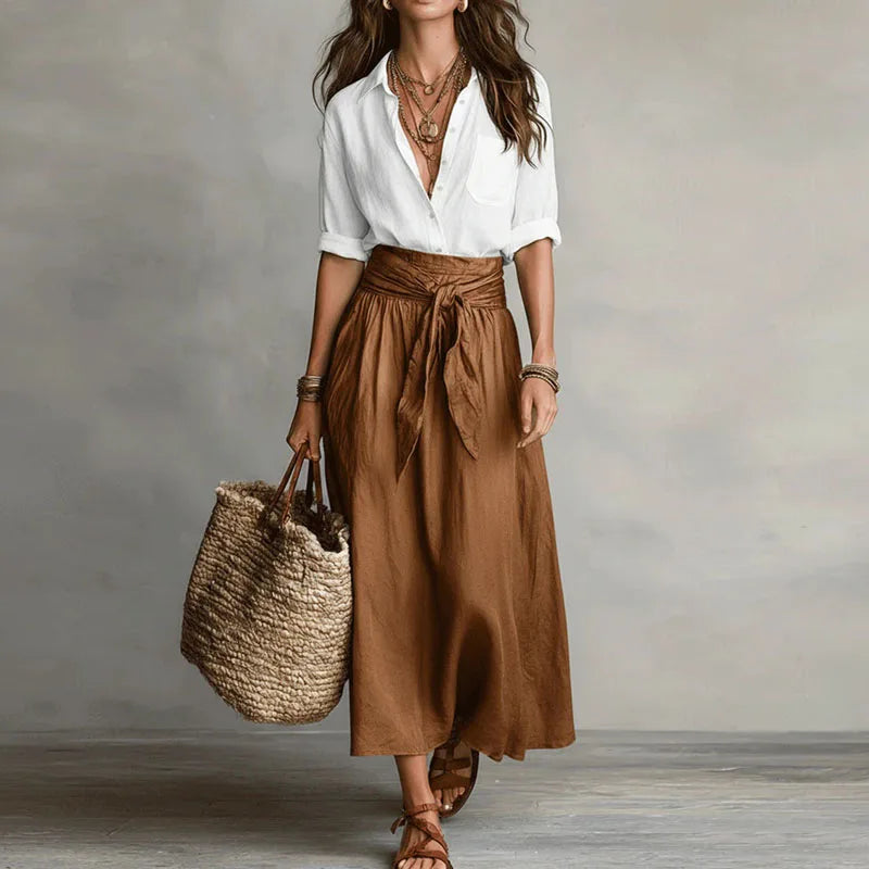 Two-tone maxi dress with white wrap-style bodice and brown gathered waist skirt