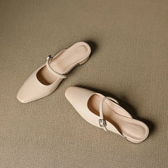 Genuine leather Mary Jane mule in light nude with buckled ankle strap and block heel