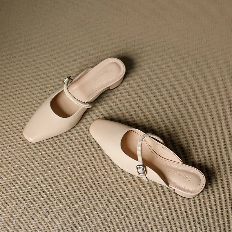 Genuine leather Mary Jane mule in light nude with buckled ankle strap and block heel