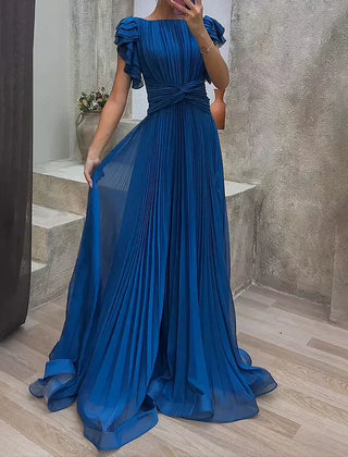 Blue pleated evening dress with ruffle cap sleeves and tied waist