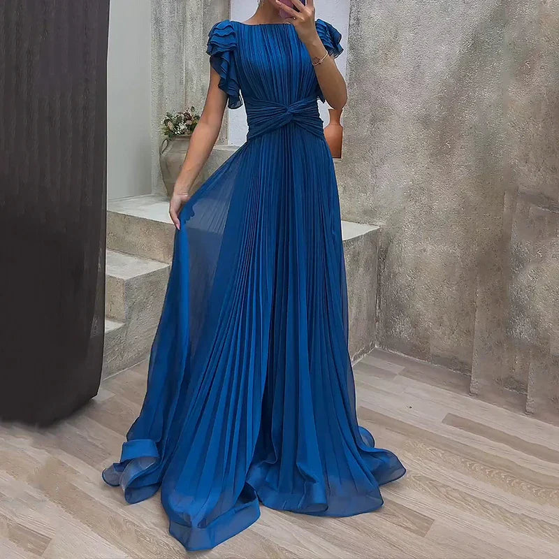 Blue pleated evening dress with ruffle cap sleeves and tied waist