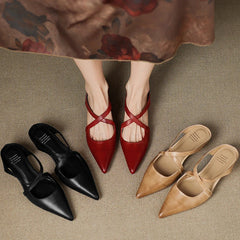 Set of genuine leather mules: red (maroon), black, and apricot with pointed toes and cross straps