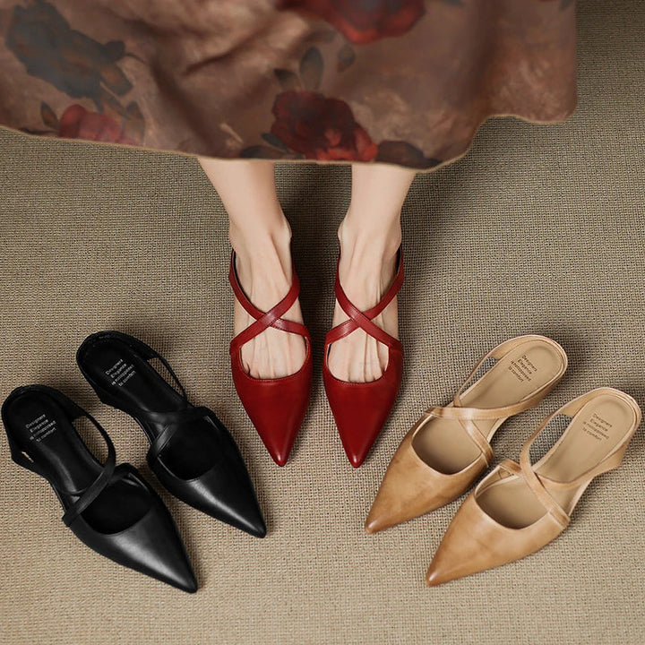 Set of genuine leather mules: red (maroon), black, and apricot with pointed toes and cross straps