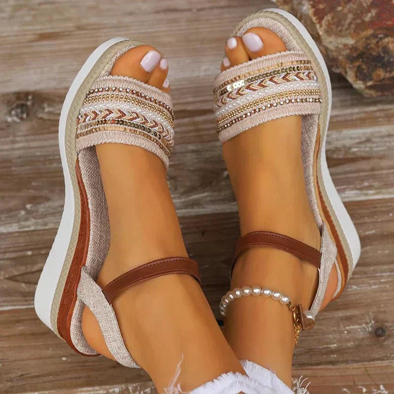 Woven espadrille wedge sandals with brown straps and multicolor embroidered toe straps