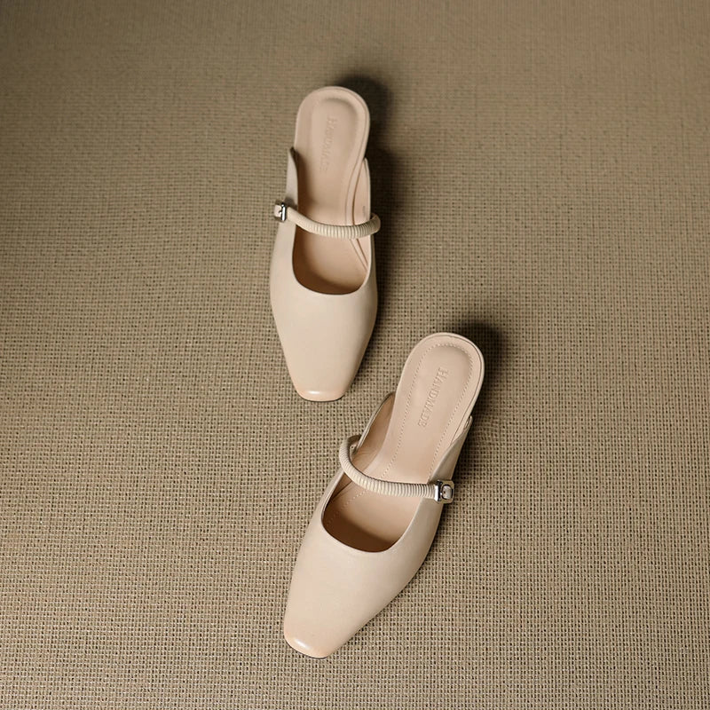 Genuine leather Mary Jane mules, light nude, buckled strap, low block heel