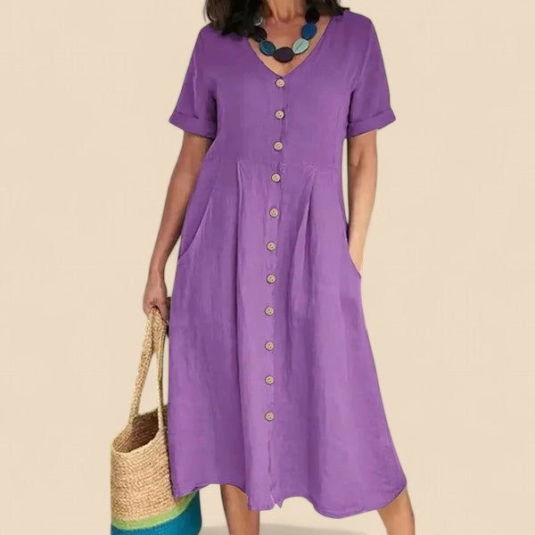 Purple short-sleeve button-front V-neck midi dress with gathered waist