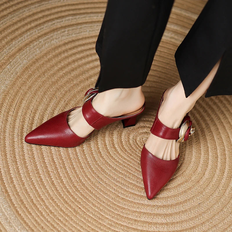 Maroon genuine leather slingback heels with low block heel and rose buckle strap detail