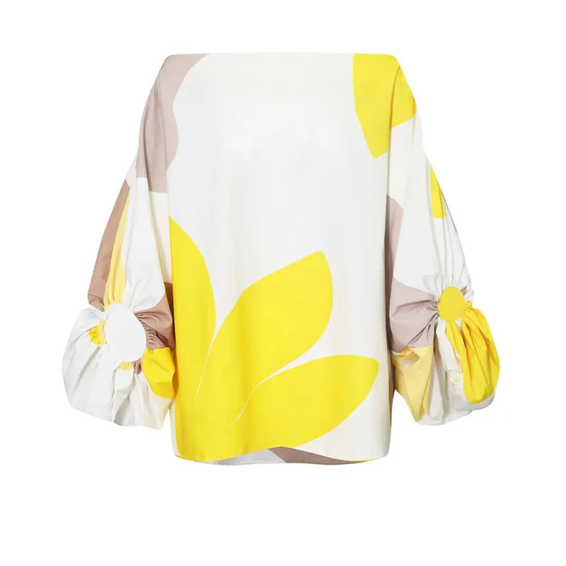 Two-piece summer skirt and top set with white, yellow, and taupe abstract pattern