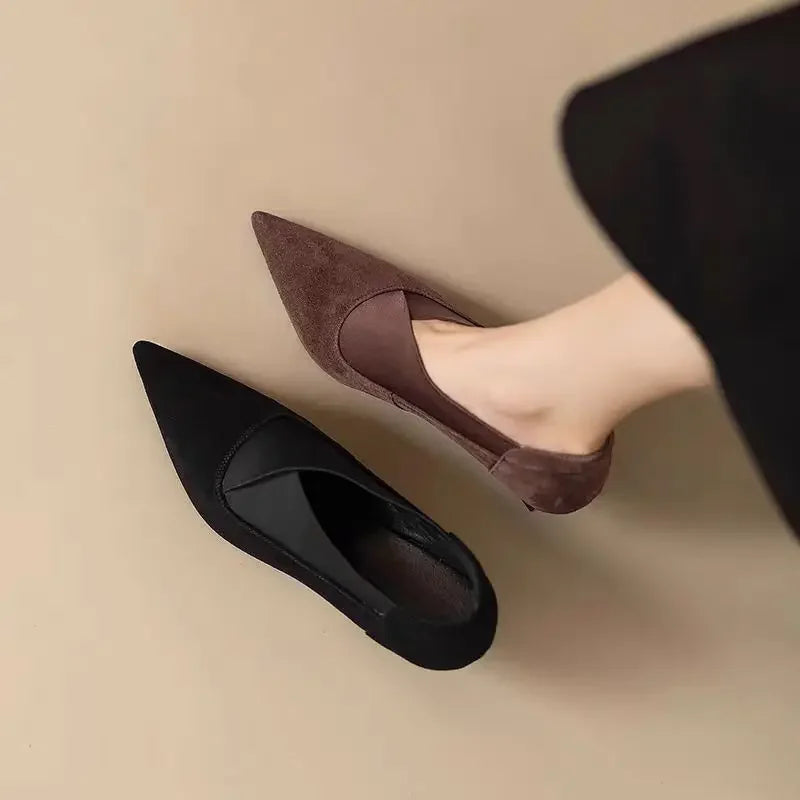 Set of suede pointed-toe heeled pumps in black and brown with slim heels