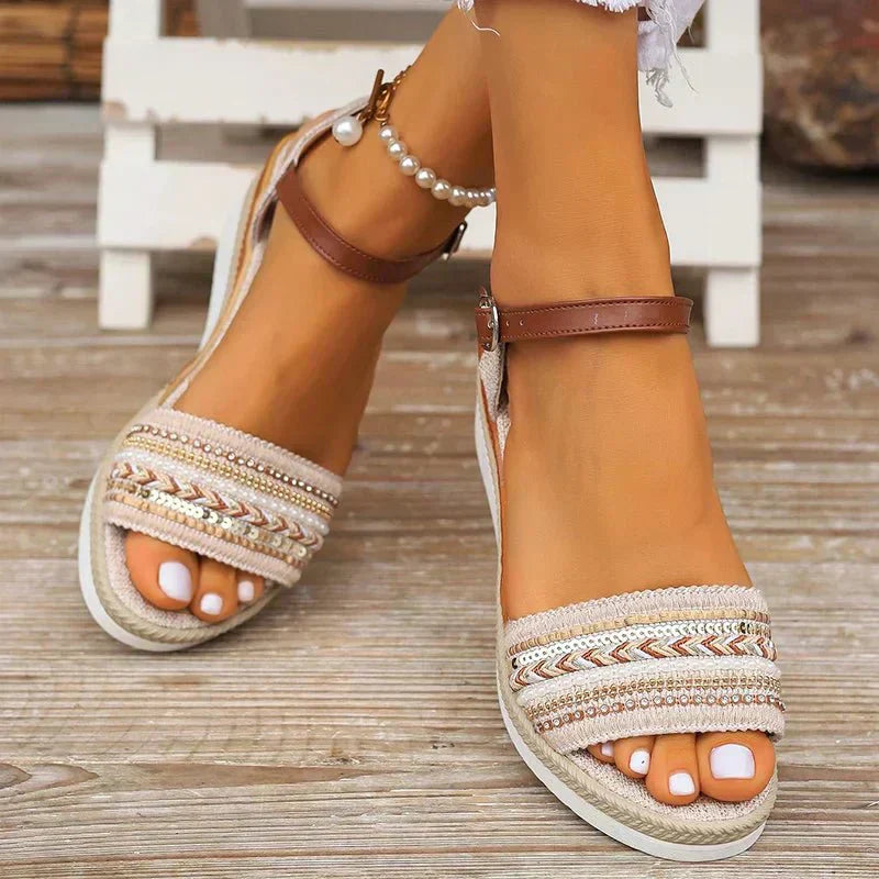 Woven espadrille sandals with peep toe, brown ankle strap, multicolor stitch trim