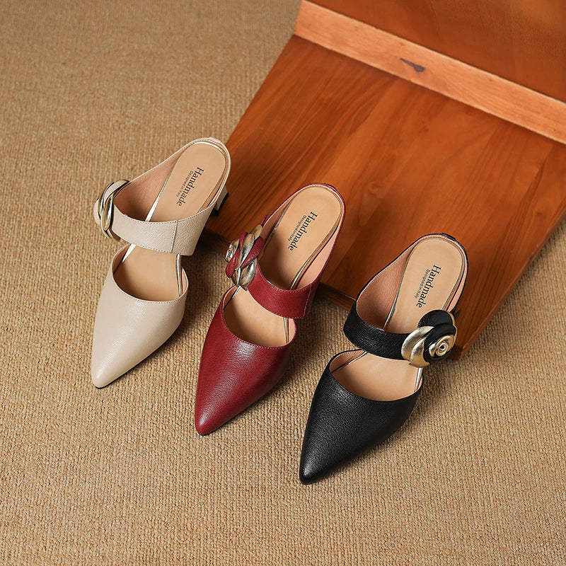Genuine leather heels in beige, maroon, and black with pointed toe and rosette buckle strap