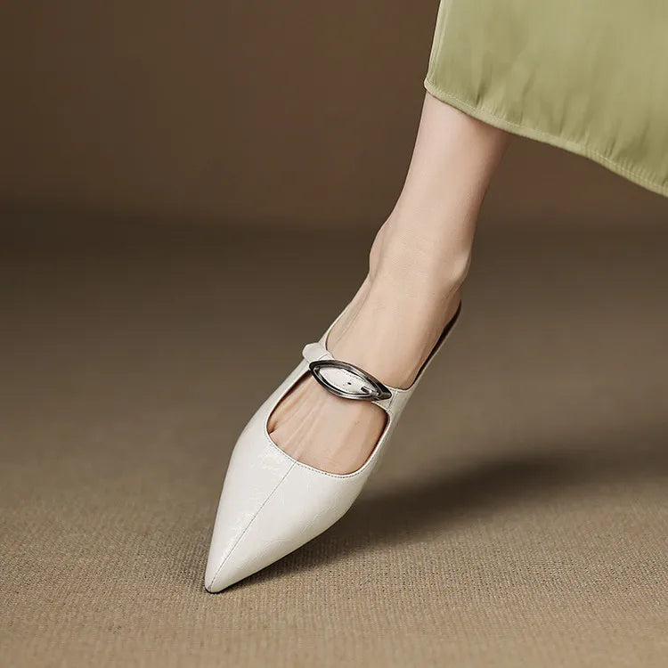 Alour genuine leather white mule with pointed toe and silver buckle strap, low profile