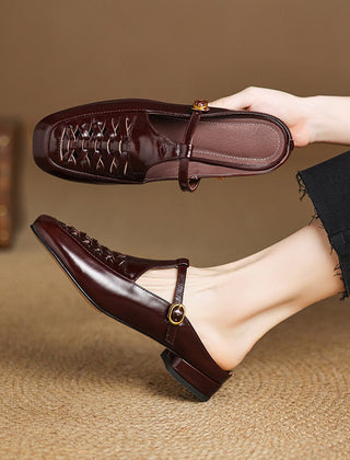 Brown leather mule with braided vamp and adjustable strap with round gold buckle