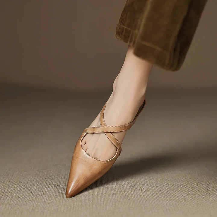 Apricot genuine leather mule with pointed toe, low heel, and T-strap slingback