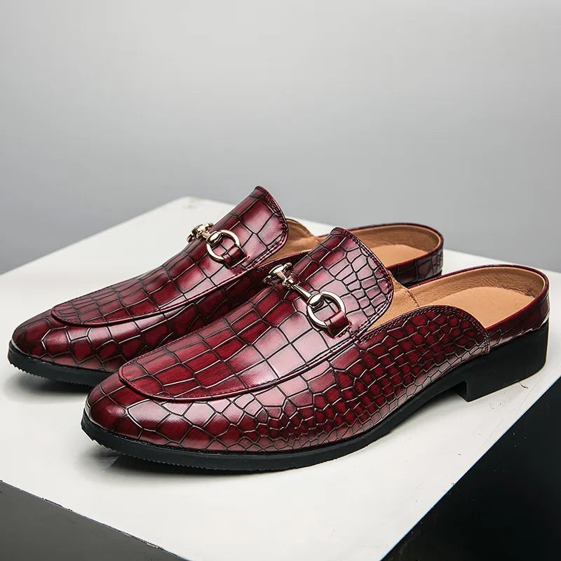 Red croc-embossed leather mules pair, slip-on style with metal bit details