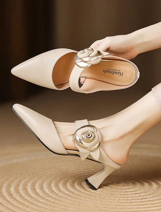 Beige genuine leather pointed-toe slingback heels with rose buckle ornament at ankle