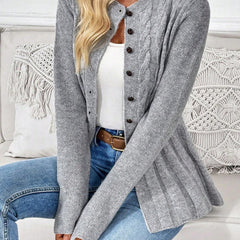 Gray ribbed cardigan with button placket and long sleeves, peplum-style hem