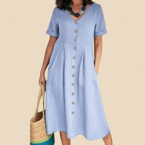 Light blue short-sleeve button-front V-neck midi dress with gathered waist